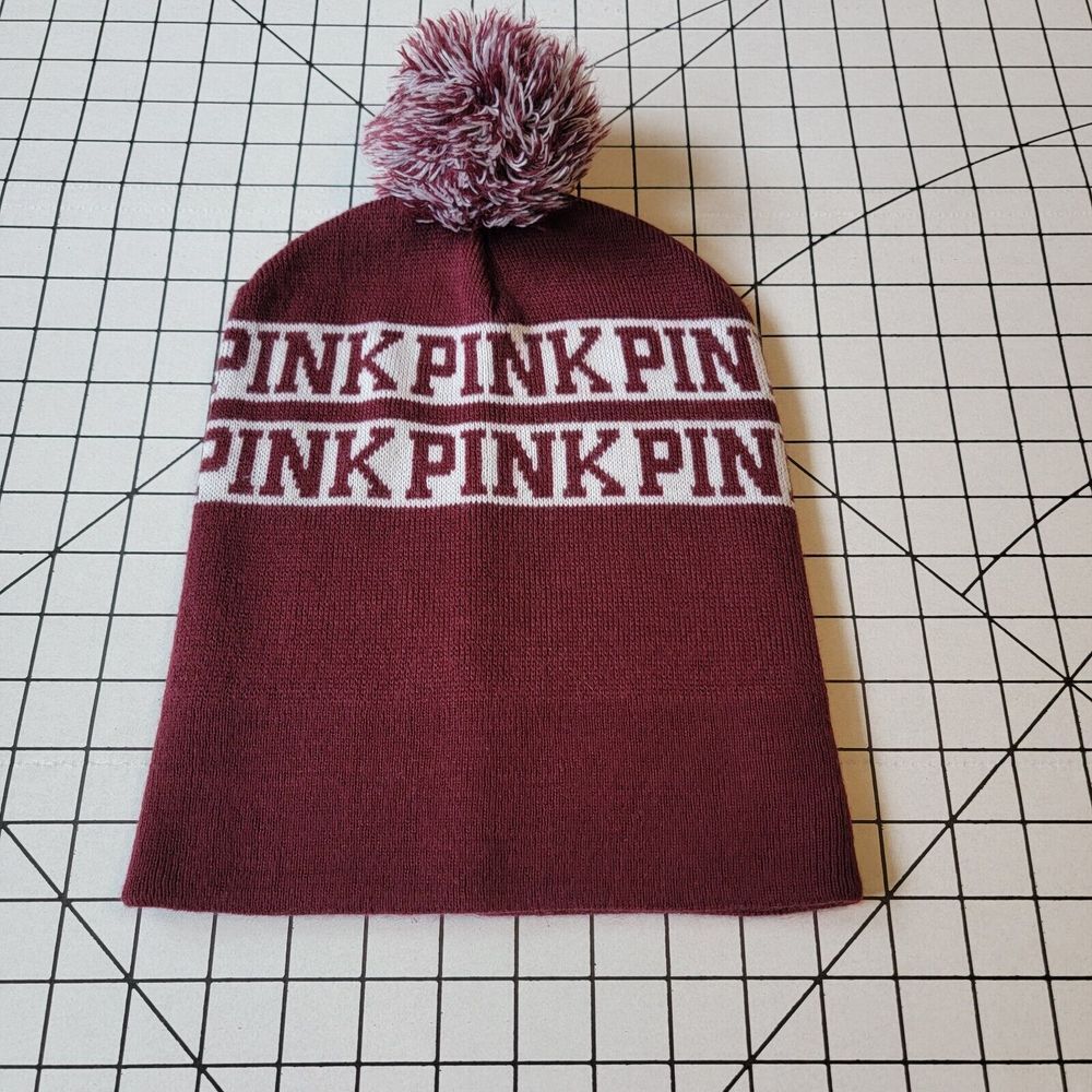 Victoria's Secret‎ PINK Toboggan Hat Burgundy White Graphic Winter Cap Pom Top